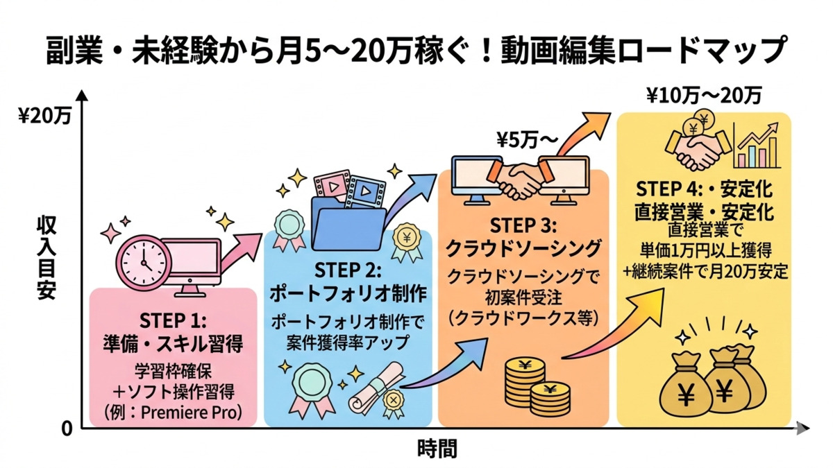 動画編集で副業・未経験から月5〜20万稼げるようになるまでのロードマップ