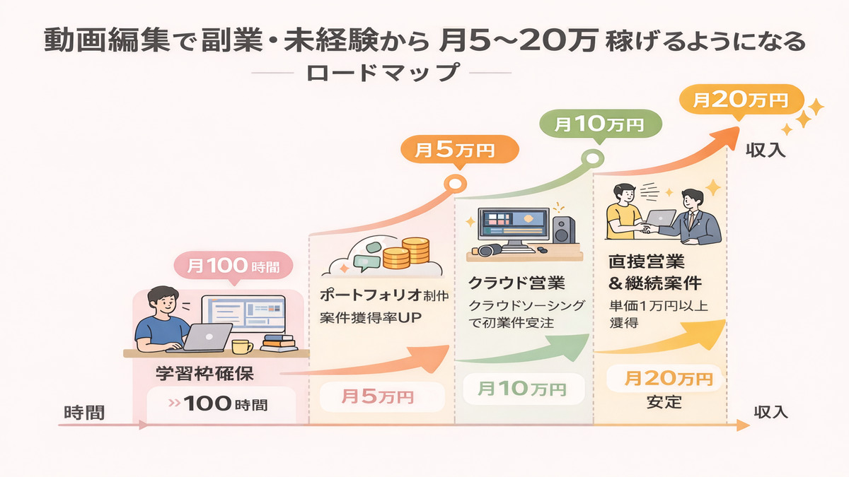 動画編集で副業・未経験から月5〜20万稼げるようになるまでのロードマップ