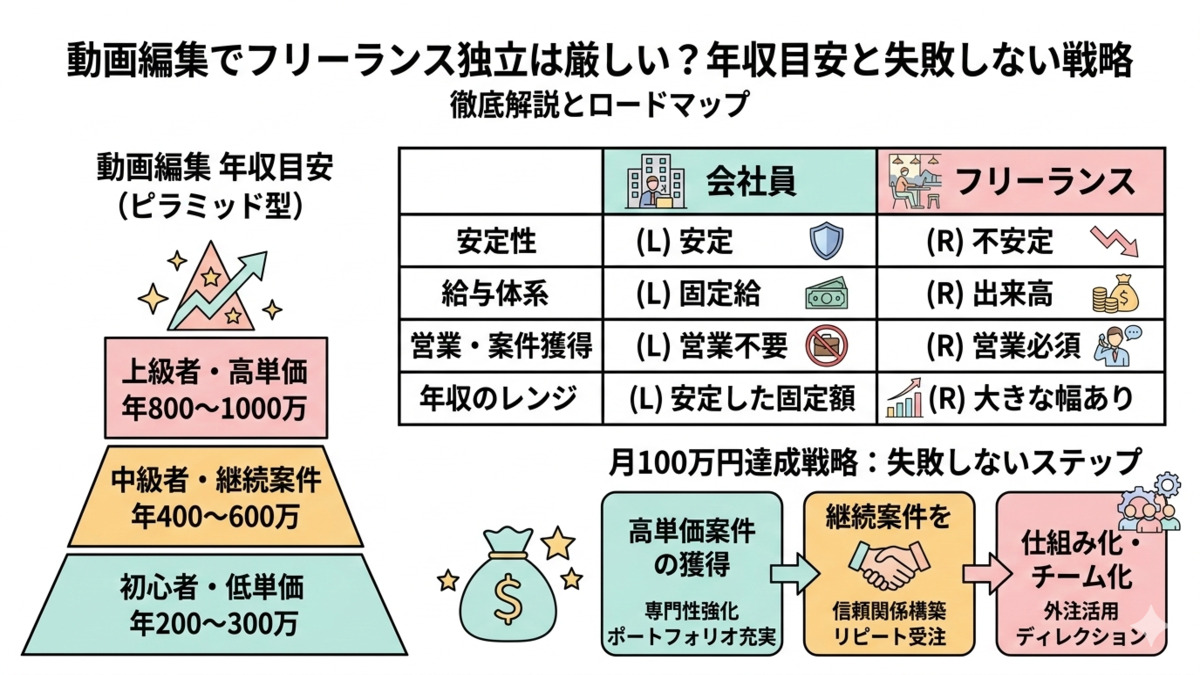 動画編集でフリーランス独立は厳しい？年収目安や失敗しない戦略