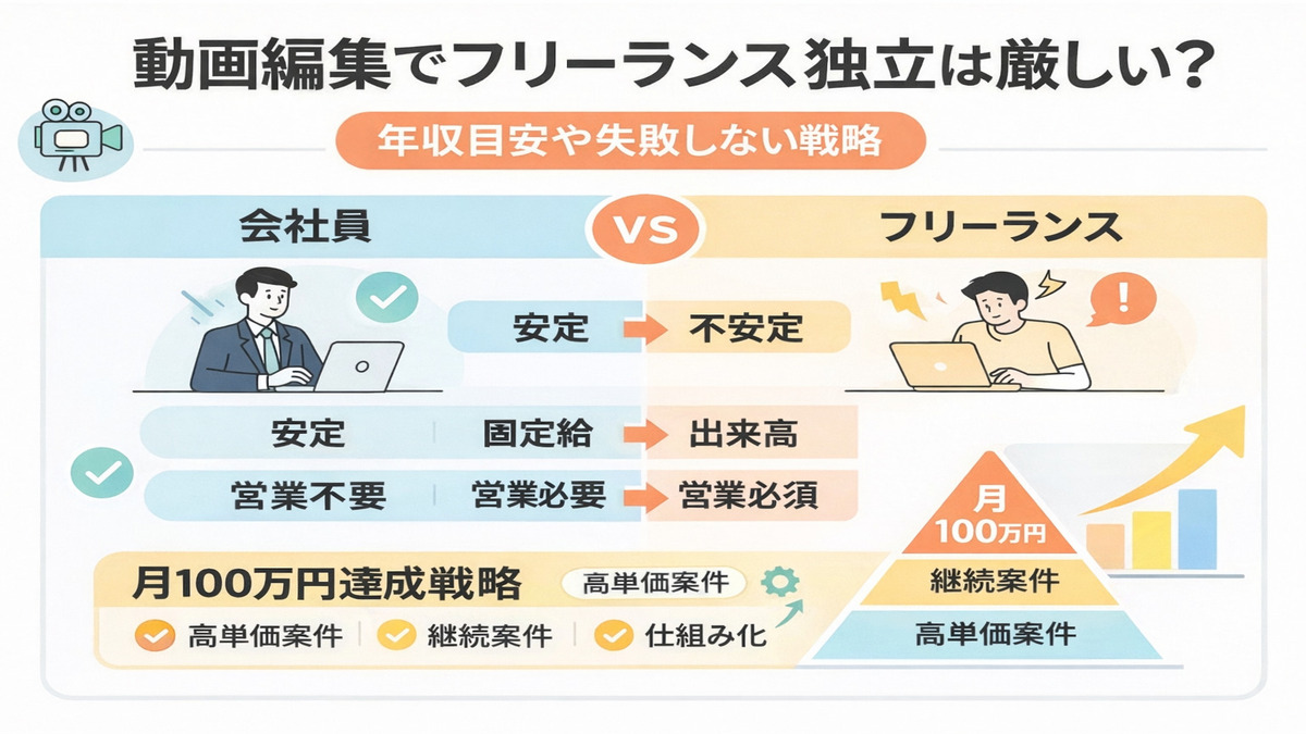動画編集でフリーランス独立は厳しい？年収目安や失敗しない戦略