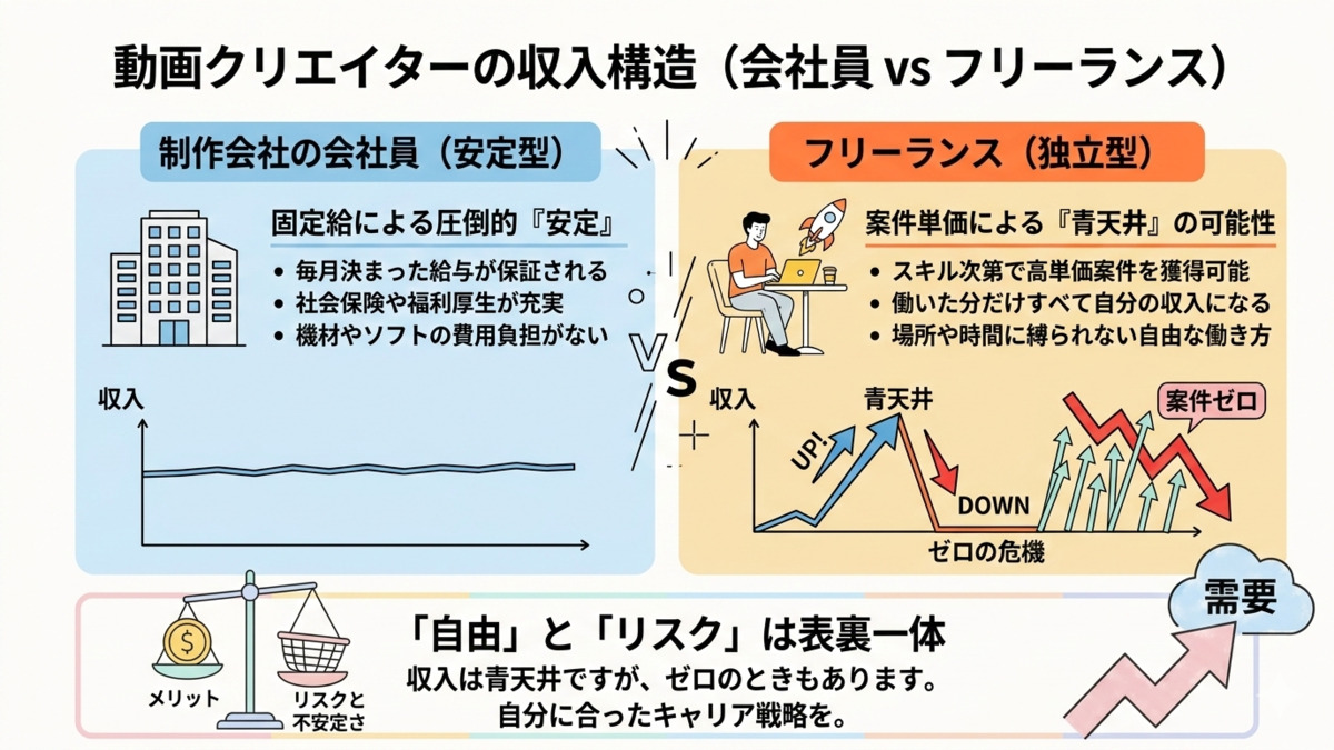 制作会社の動画クリエイターとフリーランスの収入構造の違い