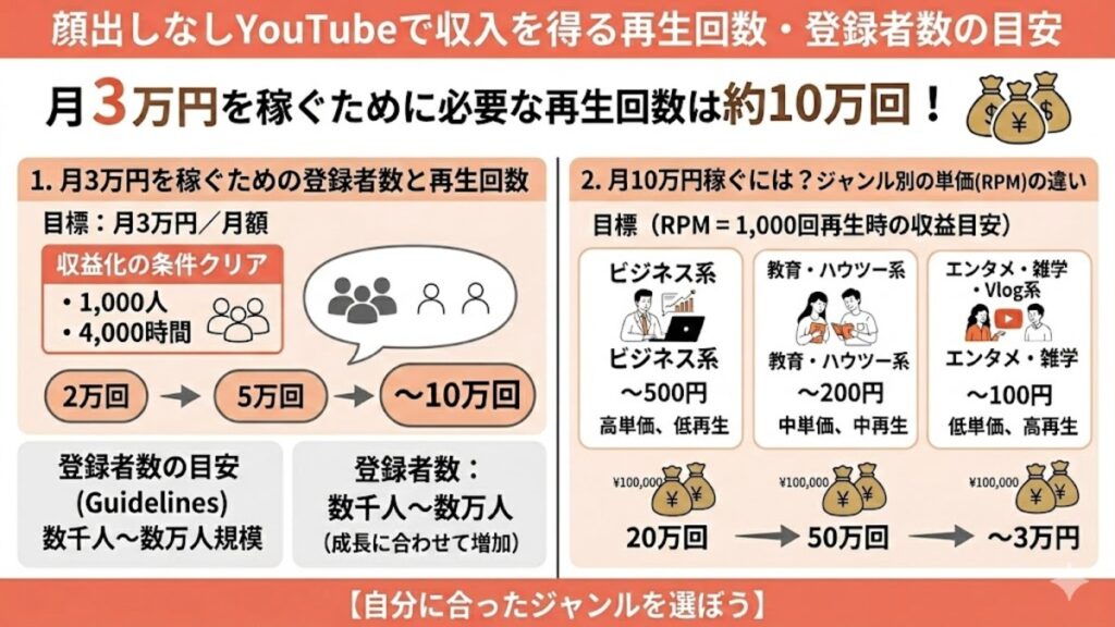 顔出しなしYouTubeで収入を得る再生回数・登録者数の目安