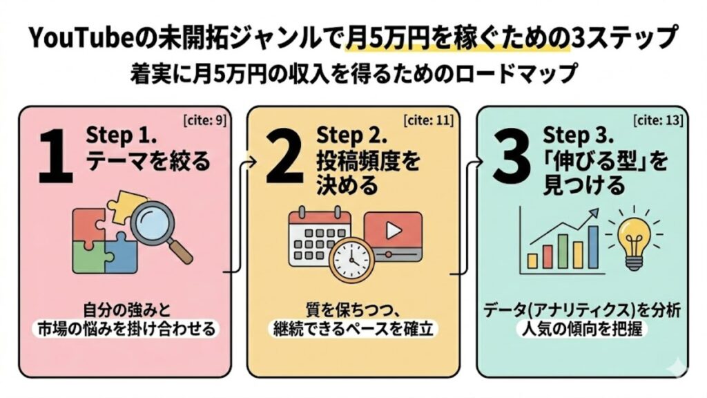 YouTubeの未開拓ジャンルで月5万円を稼ぐための3ステップ