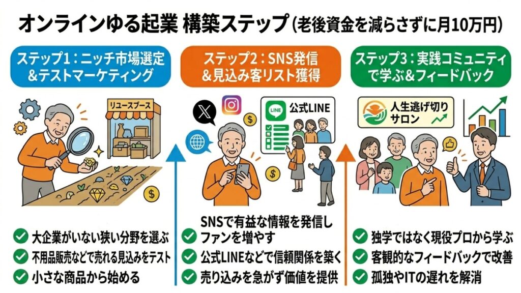 老後資金を減らさずに月10万円を稼ぐ「オンラインゆる起業」の構築ステップ